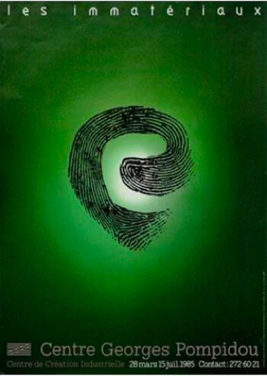 緑の背景に指紋をモチーフにしたグラフィックが描かれた『Les immatériaux（非物質的なもの）』展のポスター。ポンピドー・センター、1985年。デザイン：Grafibus。